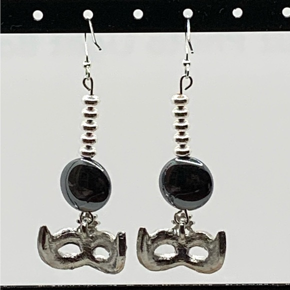 Handcrafted Women’s Earrings Hematite Disc Silvertone Spirals Rhinestone Mask - Picture 5 of 5